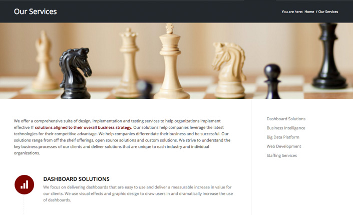 corporate website services page with chess pieces representing BI