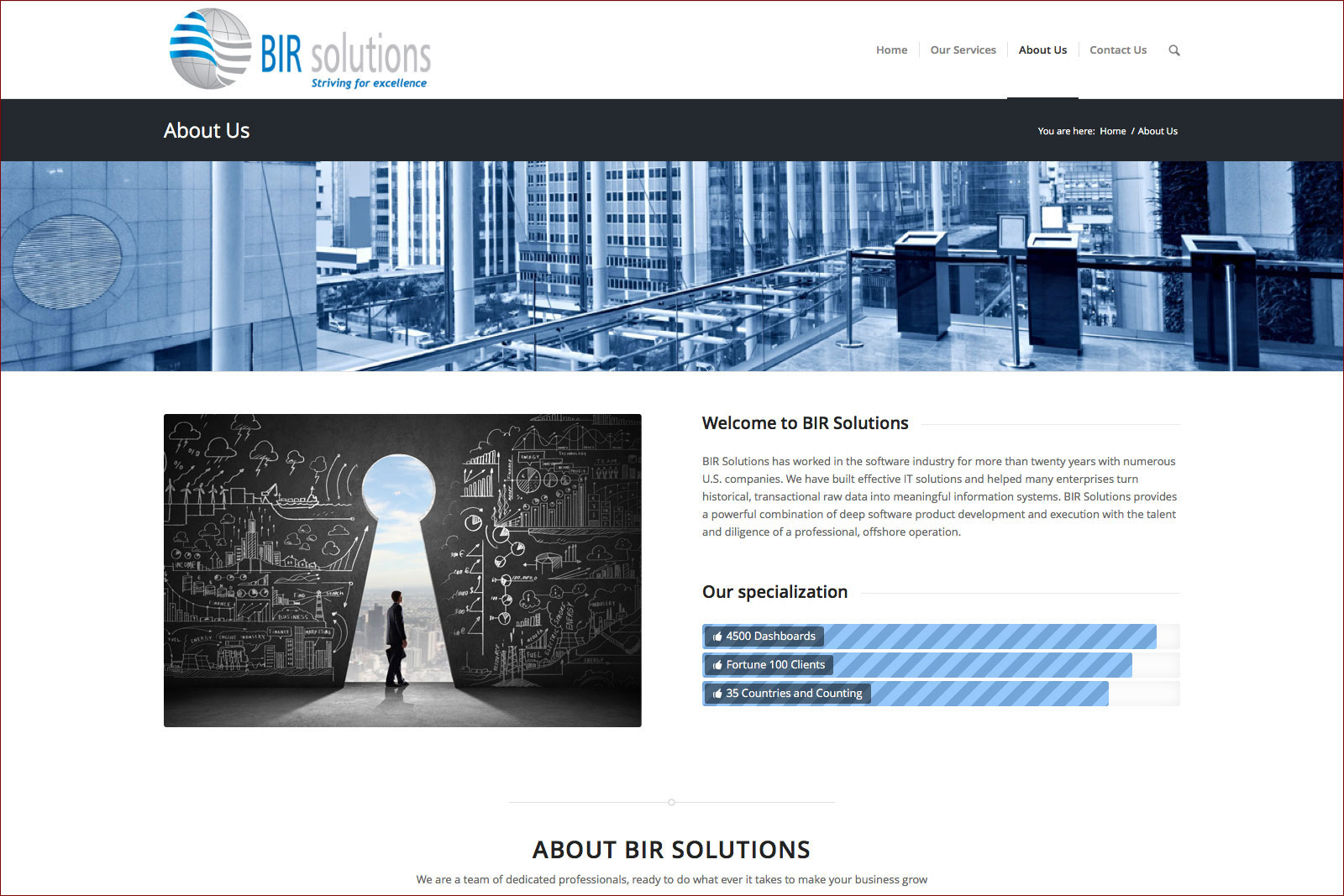 corporate about us website page glass office building in blue hues