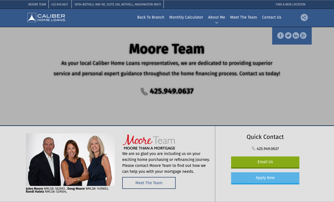 Moore Team real estate website with links to social media platforms