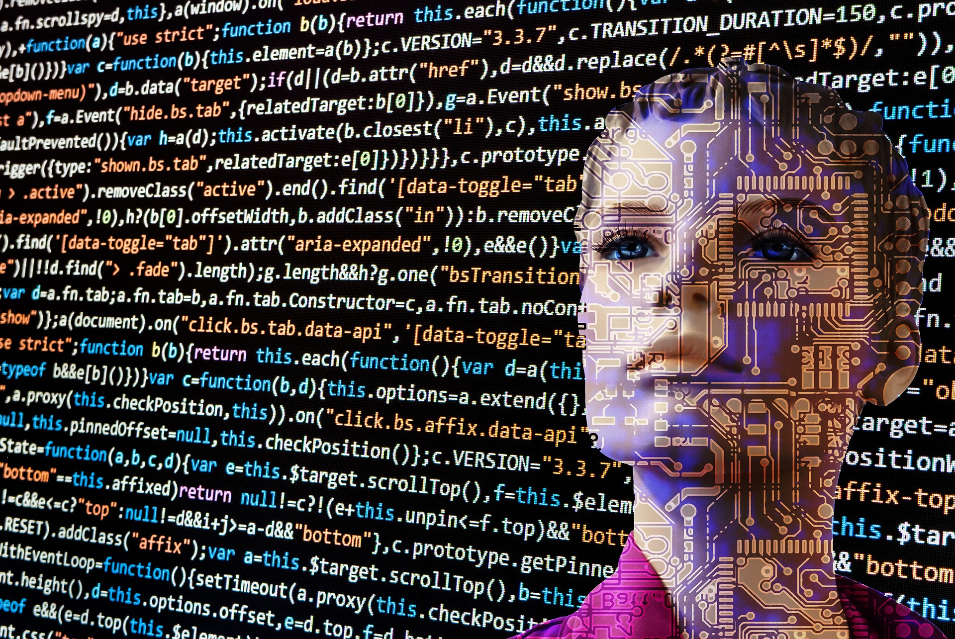 robotic looking women's face with data background