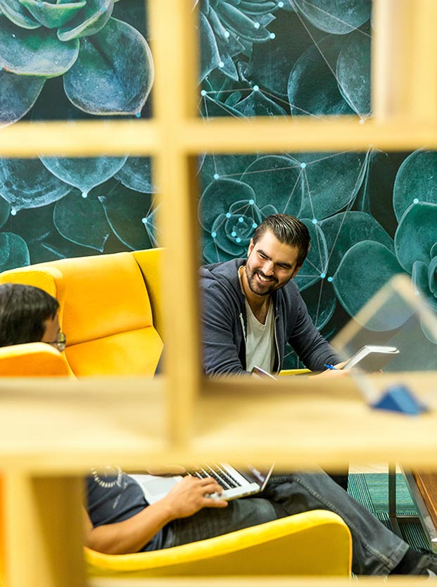 creative abstract green wall design with two young men sitting on yellow chairs representing web design team